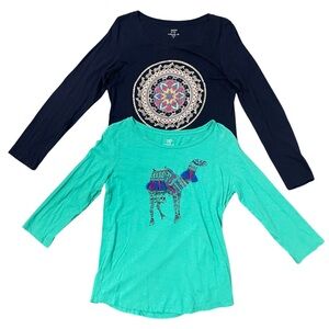 crown & ivy (lot of 2) Long Sleeve Graphic Tees - Navy and Teal Women’s M